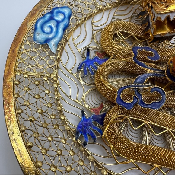 Golden Blue Dragon Wall Piece Chinese cloisonne copper filligre intricate design - Picture 5 of 15